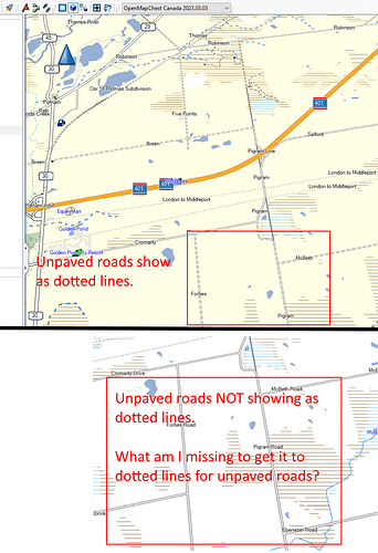 OpenMapChest shows unpaved roads as dotted lines