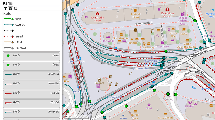 Screenshot of OpenStreetBrowser, showing a map of Jakominiplatz, Graz with the 