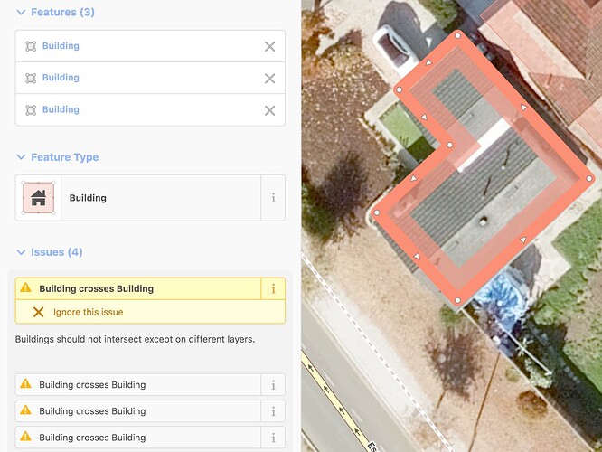 Screenshot of iD with three coincident buildings selected that trigger four warnings about crossing buildings