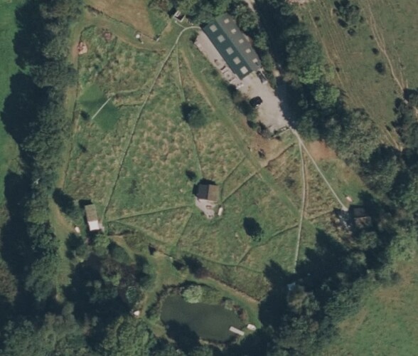 A screenshot of Bing satellite imagery that shows the field the cabins are in.