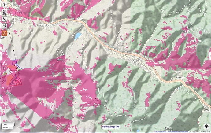 Cell-phone coverage map of northern Idaho along I-90