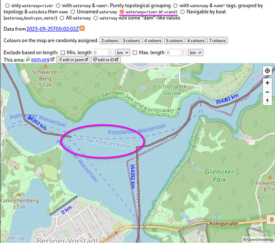 Screenshot of the OSM River Basins website with a map of the river Havel in Germany with an encircled topological error highlighted