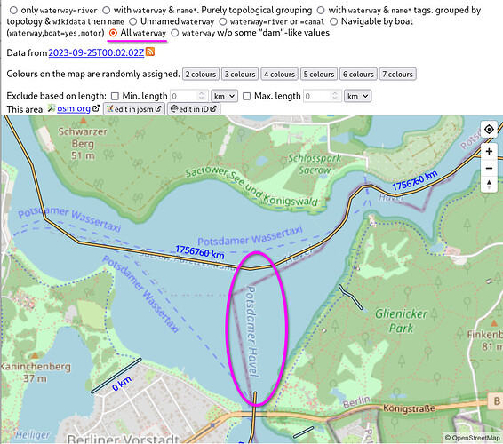 Screenshot of the OSM River Basins website with a map of the river Havel in Germany with an encircled topological error highlighted