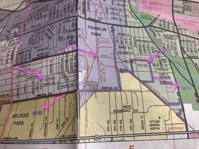 A slightly creased map of Franklin Park shaded in purple, Melrose Park shaded in yellow, and River Grove shaded in pale green, with purple boundary lines cutting across each of these neighborhoods and purple labels for ZIP codes 60160, 60164, 6013, 60199, and 60171 that I have marked with pink arrows