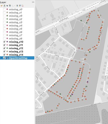 Screenshot of QGIS with the address data in different layers per zoom level