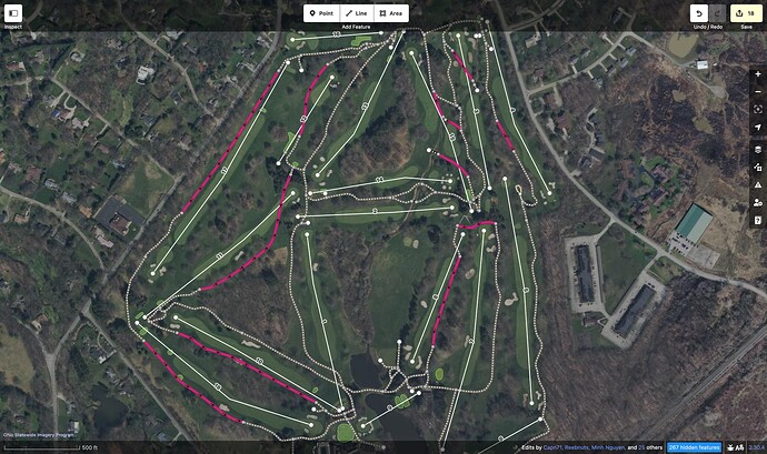 An 18-hole golf course with 18 motorways filling in gaps between segments of golf cart paths.