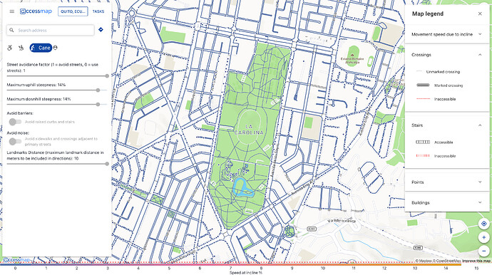 Quito’s La Carolina and vinicity by cane. Sidewalks are highlighted twice as wide as other walkways. Utility poles, marked as dots on the map, frequently obstruct most sidewalks.