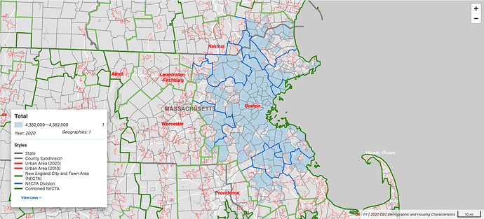 A map of Boston, highlighting the Boston urban area in blue and delineating town boundaries in gray, NECTA divisions in blue, metropolitan and micropolitan NECTAs in light green, and combined NECTAs in dark green. The urban area overlaps each of these statistical units in complex ways.