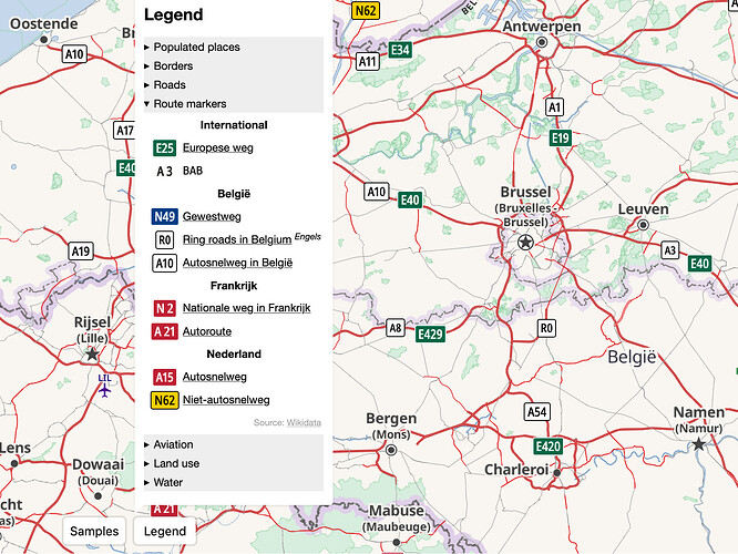 Belgium and vicinity in OSM Americana, with the legend open, showing nine networks, grouped by country, with example shields and labels in Dutch from Wikidata.