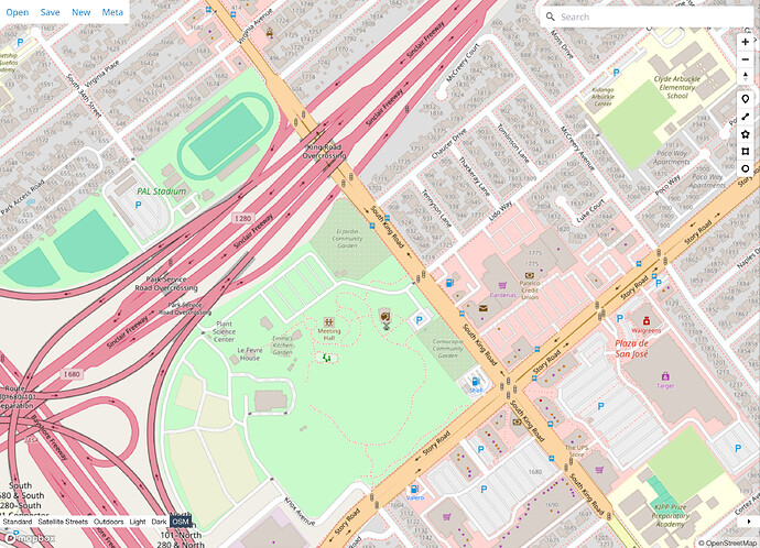 In OSM Carto, all walkways are depicted as red dotted lines, making residential streets themselves appear to be cased in dotted red lines.