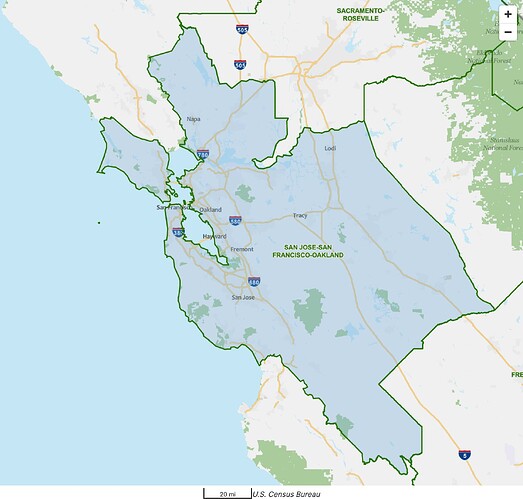 The San Jose–San Francisco–Oakland combined statistical area includes the San Francisco Bay Area as well as areas deep in the Santa Clara Valley away from the San Francisco Bay, as well as in the Central Valley beyond the Diablo Range.