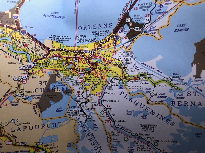 Orleans Parish has a large label right above the label for New Orleans, in the same style as the labels for St. Bernard, Plaquemines, Jefferson, Lafourche, and St. Charles parishes. (© 2010 Louisiana Department of Transportation and Development. All rights reserved. Used without permission as fair use for critical commentary.)