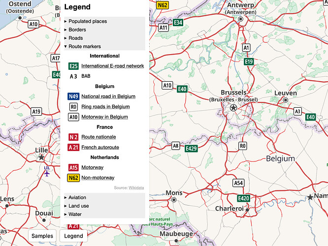 Belgium and vicinity in OSM Americana, with the legend open, showing nine networks, grouped by country, with example shields and labels in English from Wikidata.