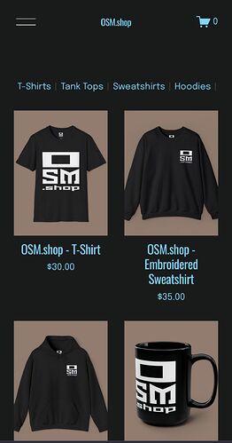 screenshot of the website, displaying pullovers and more, all with a strange osm shop logo