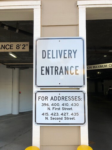 Delivery entrance for addresses: 396, 400, 410, 430 North First Street. 415, 423, 427, 435 North Second Street.
