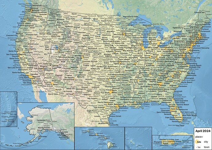 A map of the United States labeling city and town nodes. Cities are in bold, and towns fill any leftover space between cities. Urban areas are highlighted in gold. The entire contiguous U.S. is chock full of labels, regardless of actual population density, except in Nevada and northern Maine. Many cities do not correspond to an urban area of appreciable size or an urban area at all.