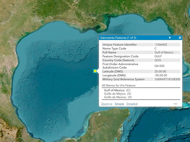 A map of the Gulf annotated with a single point at the centroid. A popup identifies the point feature’s conventional name as Gulf of Mexico, with variant names Golfo de Méjico and Golfo de Mexico [sic]. (Public domain as a work of the U.S. federal government.)