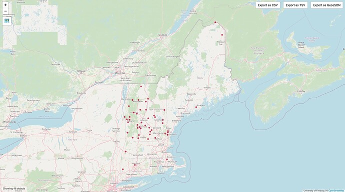 A map of New England with 48 red points marking populated places that have been conflated with towns.