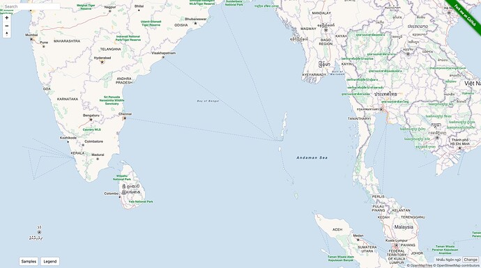 A map of South and Southeast Asia with labels according to local languages including Burmese, Thai, Bengali, Khmer, Sinhala, and Maldivian.