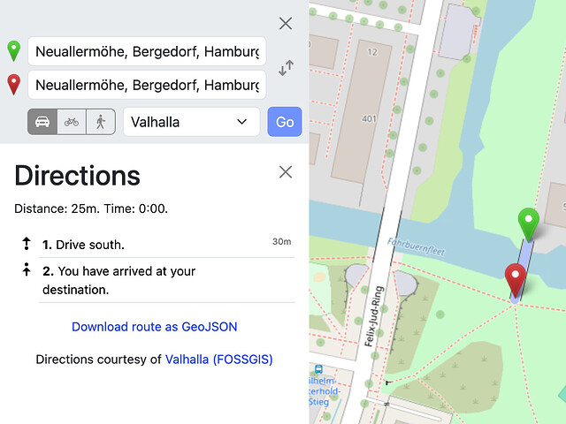 Start on unnamed road (20 meters), Reach destination