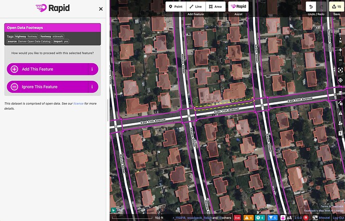 Open Map Data footways in Denver, CO