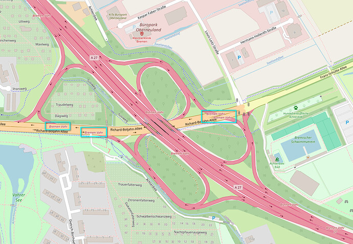 Screenshot from osm.org near the highway exit Bremen-Vahr in Germany. 4 highway entrances are highlighted.