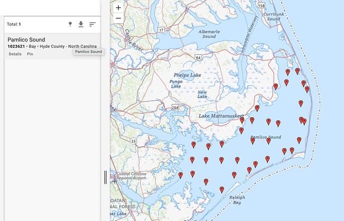 Screenshot of GNIS lookup tool showing the extent of Pamlico Sound