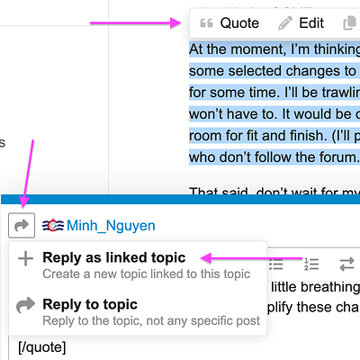 Arrows pointing to the Quote button in the text selection popup, the reply options button next to my user name in the post composition panel, and the Reply as linked topic option in the menu that it opens.