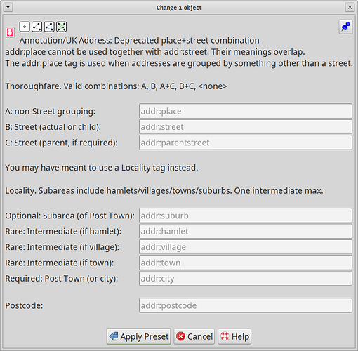 addr:place and addr:street don't mix either. Perhaps the user meant to use a Locality element?
