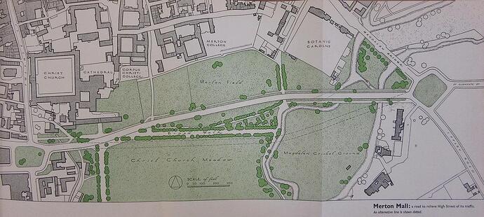 Map of a 1948 proposal to extend Thames Street to St Clements across Christ Church Meadow, from Oxford Replanned by civic planner Thomas Sharp