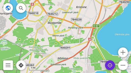 A screenshot of Tallinn in OsmAnd, showing white route shields such as 7840210, 7840212, and 7840220 on local streets.