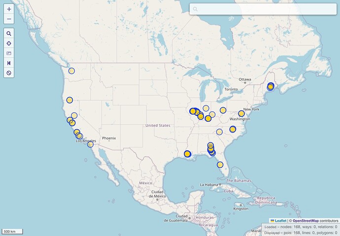 A screenshot of Overpass turbo marking 168 nodes on a map of the contiguous United States, concentrated along the West Coast and in Illinois, Georgia, and Maine.