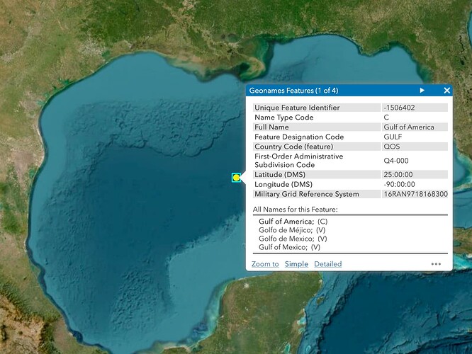 A map of the Gulf annotated with a single point at the centroid. A popup identifies the point feature’s conventional name as Gulf of America, with variant names Golfo de Méjico, Golfo de Mexico [sic], and Gulf of Mexico. (Public domain as a work of the U.S. federal government.)