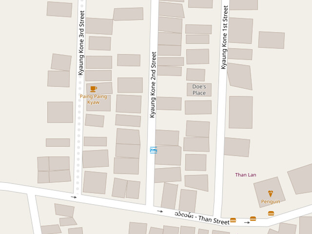 OSM Carto depicts Kyaung Kone 1st Street as a white line but Kyaung Kone 3rd Street as a white line with a dotted gray overlay.