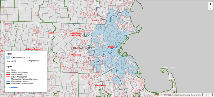 A map of Boston, highlighting the Boston urban area in blue and delineating town boundaries in gray, metropolitan divisions in blue, metropolitan and micropolitan statistical areas in light green, and combined statistical areas in dark green. The urban area overlaps each of these statistical units in complex ways.
