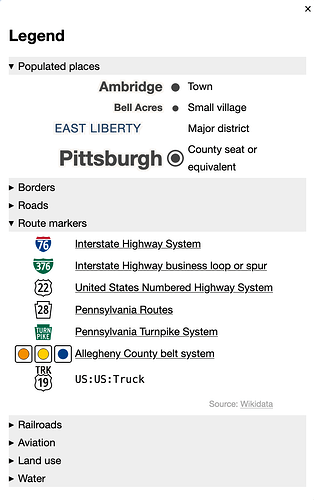 A map legend for the Pittsburgh area includes entries about route markers for the Interstate Highway System, Interstate Highway business loops or spurs, United States Numbered Highway System, Pennsylvania Routes, Pennsylvania Turnpike System, and the Allegheny County belt system. The last one is represented by three different icons, in orange, yellow, and blue.