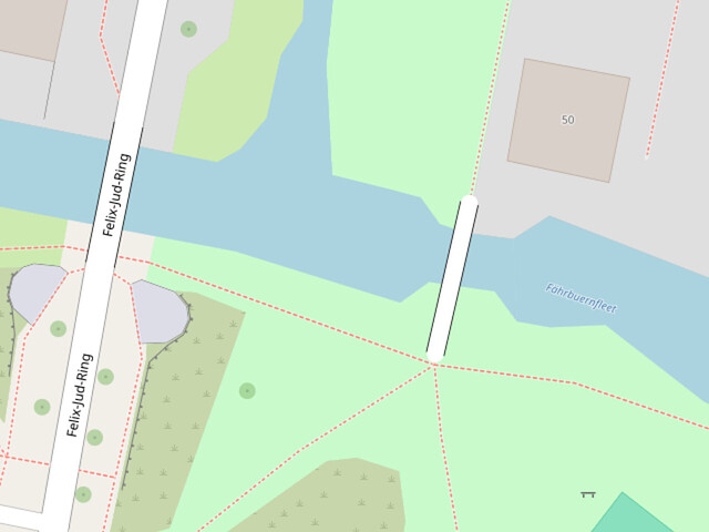 OSM Carto depicts this bridge as a thick white line, much like the nearby Felix-Jud-Ring, even though it’s only connected to footpaths.