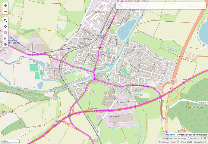 A map of Hüfingen in Overpass turbo with Landesstraße route relations highlighted in magenta. The Landesstraßen more or less correspond to the handful of tertiary and secondary roads in the area, while residential streets remain unrepresented by the route relations.
