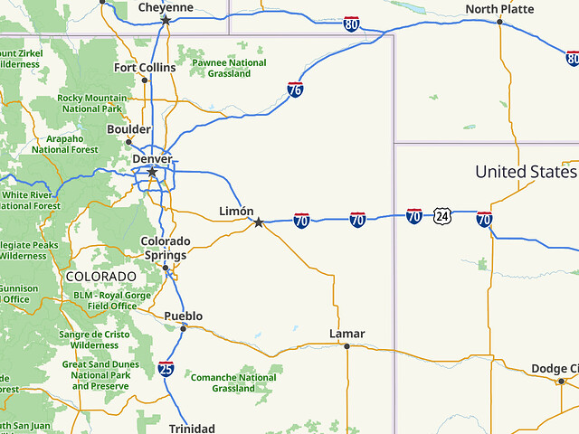 A map of eastern Colorado with Limón fancifully marked as a capital city along Interstate 70.