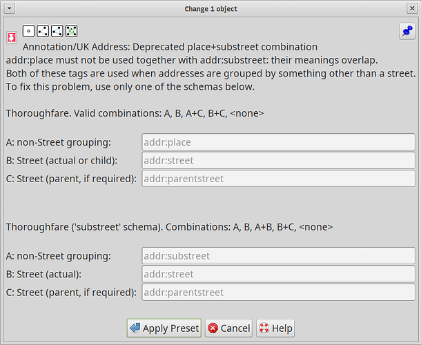 addr:place and addr:substreet don't mix. This dialog offers a way to fix the erroneous combination.