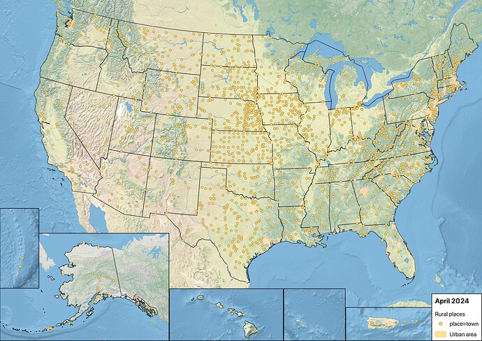 A map of the United States marking a yellow dot on any place tagged as a town as of April 2024 but lying outside of an urban area. These towns are densest in Kansas, Iowa, the Dakotas, and eastern Nebraska but nearly absent in Oregon, California, Alabama, and Florida.