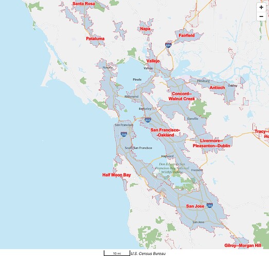 At least 14 urban areas identify as part of the Bay Area.