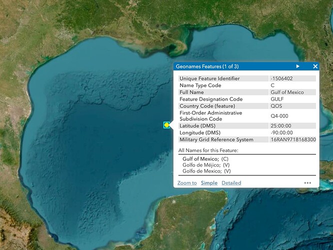 A map of the Gulf of Mexico annotated with a single point at the centroid. A popup identifies the point feature as the Gulf of Mexico, with alternative names Golfo de Méjico and Golfo de Mexico [sic]. (Public domain as a work of the U.S. federal government.)