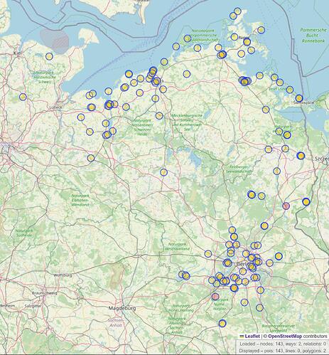 OSM-Karte mit den aktuell verzeichneten Lila-Bäcker-Standorten aus Overpass