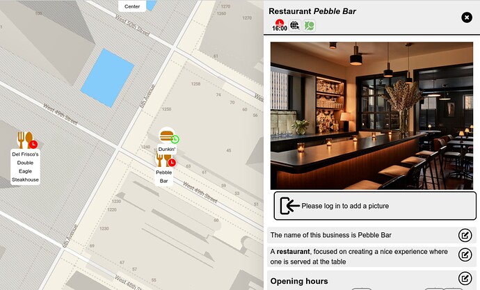 Screenshot of MapComplete focused on the restaurant “Pebble Bar” showing a photo of the bar