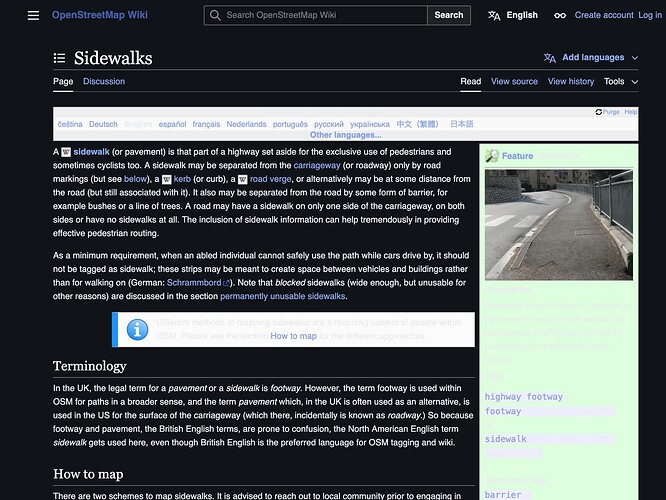 The Sidewalks page in dark mode shows bright backgrounds behind the language bar, infobox, and notice box that cause the text inside to be illegible.