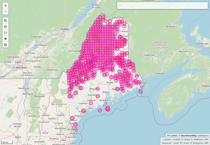 A map of Maine with each township marked by a magenta circle. The Unorganized Territory in northwestern Maine is completely subdivided by townships, whereas the organized townships elsewhere in the state contain only a handful of townships.