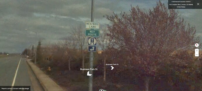 A blue square sign inscribed with a white circle and in it a blue silhouette of the rear of a truck trailer inscribed with the letter T. Arrows indicate that the truck route extends to the left and straight ahead. Above the sign are signs for an NEV/bike lane and NEV route.
