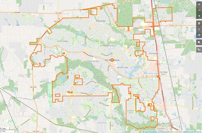 The Woodlands CDP includes a variety of residential landuse areas, woodlands, golf courses, and some retail areas.