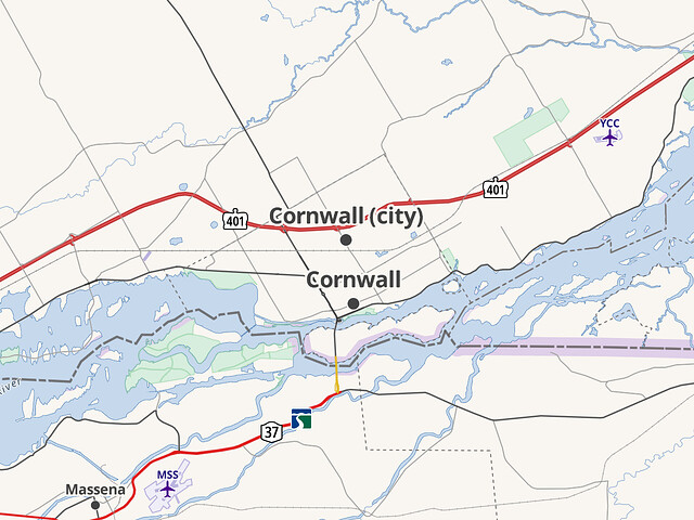 Cornwall (city) labeled along Highway 401 just north of Cornwall.